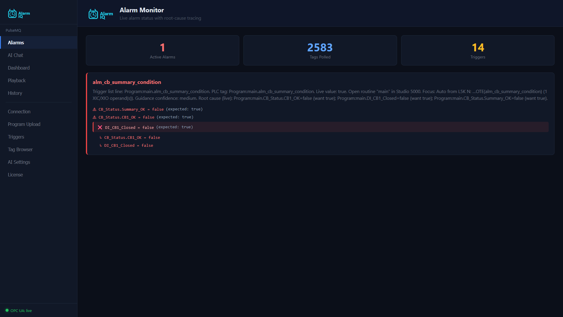 AlarmIQ Alarm Monitor showing live root-cause trace with permissive evaluation and tag polling status