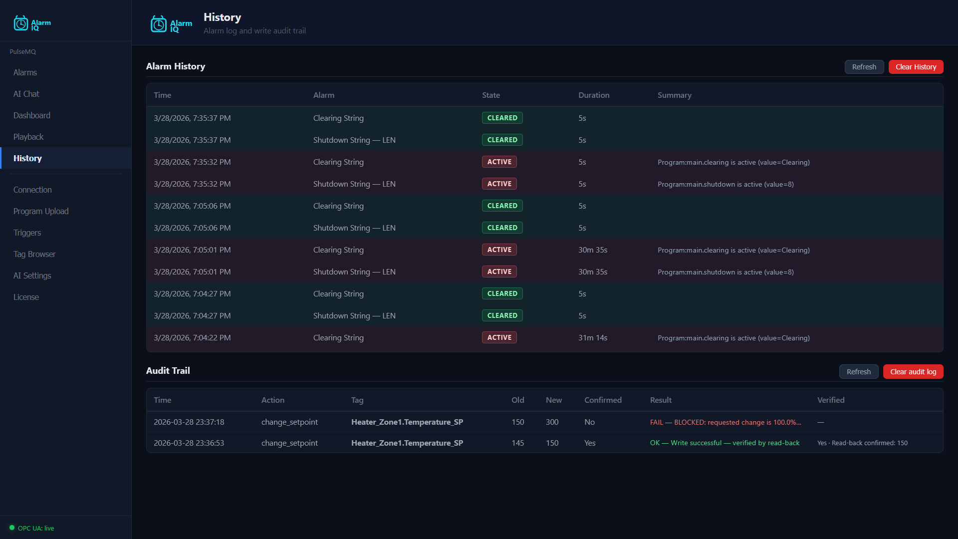 AlarmIQ History showing alarm log with state transitions and audit trail of PLC write operations