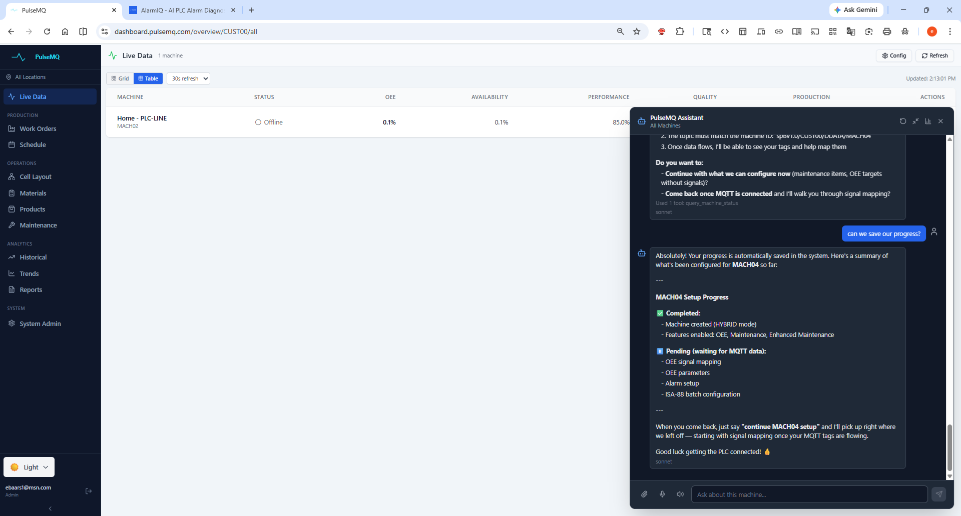 PulseMQ AI Assistant guiding a user through machine setup — real conversation with setup progress checklist, MQTT configuration steps, and signal mapping